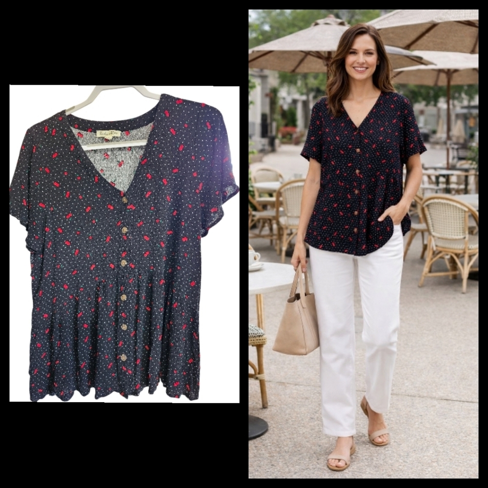 Indigo Rose Cherry Print Flutter Sleeved Floral Button Front Peplum Top Size 1X●
